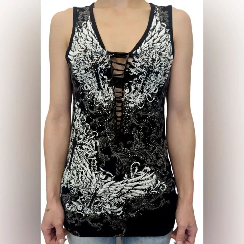 Dark Flight Wings Rhinestone Top by Platinum Plush